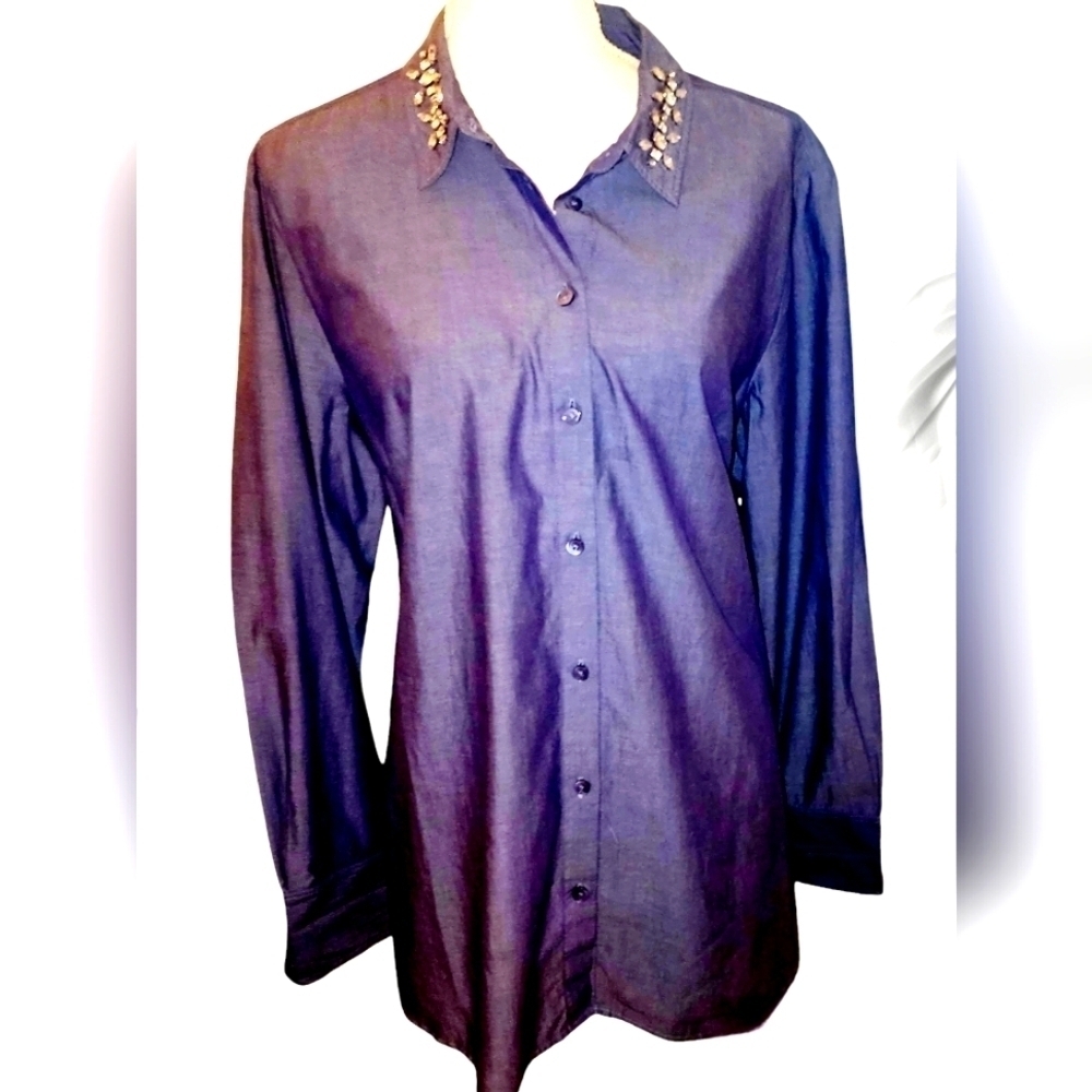 ANN TAYLOR Chambray blue gem collar long sleeve button down top